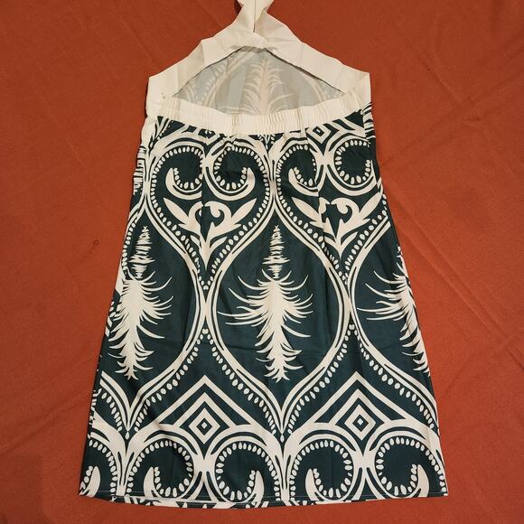 Women’s Green & White Sleeveless Halter Midi Sheath Dress Hawaiian Roman Summer - Picture 2 of 9